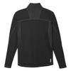 A black knit quarter zip jumper with a textured design and a logo on the back.