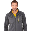 A men's grey knit jacket featuring a zipped front and a logo on the side.