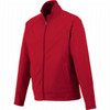 A red Okapi Knit Jacket for men featuring a zip front and side pockets, with a stylish collar and logo.