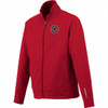 A red men's knit jacket with a collar and a logo on the chest, featuring zipped pockets.
