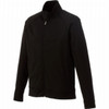 A black knit jacket with a high collar and zip front, featuring side pockets and a sleek design.