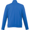 A blue men's knit jacket with a high collar, featuring a logo on the back.