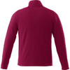 A maroon men's polar fleece jacket with a high collar and long sleeves, featuring a logo on the back.