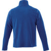 A blue polar fleece jacket with a high collar and long sleeves, featuring a logo on the back.
