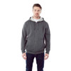 A men's zip-up hoodie in grey with a soft inner lining and a logo on the front.