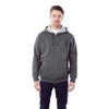 A grey men's fleece zip hoodie with a hood and front pockets, featuring a branding logo.