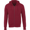 A red men's fleece zip hoody featuring a front zipper and pockets, with a hood and drawstrings.