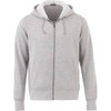 A grey fleece zip hoodie for men with a hood and front pockets, featuring a logo on the chest.