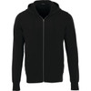 A black fleece zip hoodie for men, featuring a zippered front and a hood, with a subtle logo.