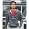 A grey fleece zip hoodie for men, featuring a hood and front pockets, worn over a red t-shirt.