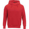 A red men's fleece hoodie with a front pocket and a drawstring hood, featuring a logo on the chest.
