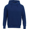 A navy blue men's fleece hoodie featuring a front pocket and a drawstring hood, with a logo on the chest.