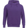 A purple fleece hoodie featuring a front pocket and a drawstring hood, with a logo on the front.