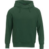 A green fleece hoody with a kangaroo pocket and a hood, featuring a logo.