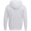 A white men's fleece hoodie with a hood and long sleeves, featuring a logo on the back.