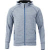 A grey zip-up hoodie with a hood, featuring contrasting blue accents and side pockets. It has a logo on it.