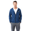 A men's knit jacket in blue with a hood and a front zipper, featuring a logo on the chest.