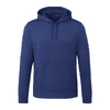 A navy blue men's hoody with a front pocket and a drawstring hood, featuring a branding logo.