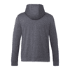 A grey men's hoody featuring a kangaroo pocket and a hood, displaying a logo on the back.