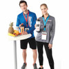 Two individuals wearing long-sleeved track jackets in blue and grey, each holding a drink bottle, standing by a table of fruit.