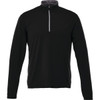 A men's black quarter zip jacket featuring long sleeves and a grey collar, with a logo on the chest.