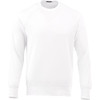 A white fleece crew jumper for men with a ribbed hem and cuffs. It features a logo on the front.