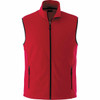 A bright red polyfleece vest with a zip front and two side pockets. The vest features a black trim and logo.