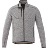 A grey knit jacket with a zippered front, side pockets, and a stand-up collar. Features a logo on the chest.