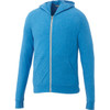 A blue full zip hoodie with a hood and front pockets, featuring a logo on the left side.