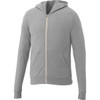 A light grey full zip hoodie featuring long sleeves and a hood, with a front pocket and a logo.