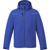 A blue fleece lined jacket with a hood, featuring zippers and a logo.