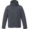 A men's fleece-lined jacket in dark grey with a hood and zippered pockets, featuring a logo on the chest.