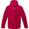 A red fleece lined jacket featuring a hood and a logo on the back.