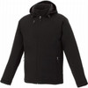 A black men's insulated softshell jacket with a hood, featuring zippered pockets and a logo.