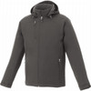 A men's softshell jacket in dark green featuring a hood and zippered pockets, with a logo on the fabric.