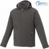Men's Bryce Insulated Softshell Jacket in dark grey with a hood, featuring zippers and a logo.