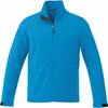 A blue soft shell jacket with a zip front and high collar, featuring a logo on the chest.