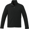 A black men's softshell jacket with a zip closure and a collar, featuring a logo on the chest.