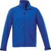 A blue softshell jacket with a zip front, high collar, and side pockets. It features a logo on the chest area.