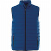 A blue insulated vest featuring a zip front and side pockets, with a logo on it.
