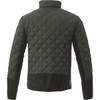 A men's insulated jacket in dark green, featuring a quilted design and a logo on the back.