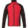 A red and black insulated jacket with a zip front, featuring side pockets and a logo on the sleeve.
