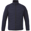 A men's insulated jacket in navy blue with a zip front and two side pockets, featuring a logo on the side.