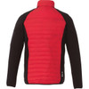 A men's hybrid insulated jacket featuring a red upper and black lower section, with a logo on the sleeve.