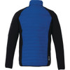 A men's jacket featuring a blue insulated back and black sleeves, with a logo on the side.