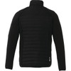 A black insulated jacket with a quilted back design and a high collar, featuring a logo.