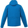 A blue packable insulated jacket for men, featuring a hood and a quilted design. Includes a branding logo.
