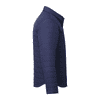 A navy insulated shacket for men featuring a buttoned collar and a side view. Includes a branding logo.