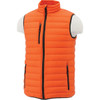 An orange light down vest featuring a front zip and two side pockets, displayed on a mannequin.