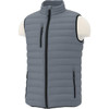 A grey, padded men's vest with a high collar and zip-up front, featuring side pockets and a logo.